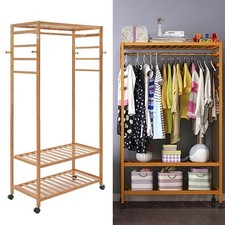 Heavy Duty Wooden Clothes Rail Rack Garment Hanging Stand Corner Open Wardrobe