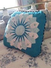 Vintage Handmade Blue Patchwork Cushion Cover. 16" X 16" Square. Cottagecore