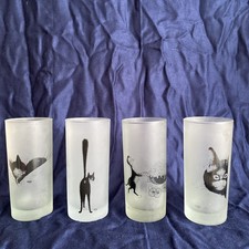 Vintage Dubout Editions Clouet France Black Cat Frosted Glass Set X 4