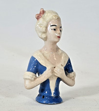 Vintage Pin Cushion Half Doll Regency Blue Dress French Possible Antique Porcela