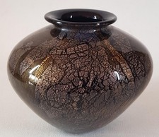 Superb Vintage 90's Isle of Wight Azurene Black Gold Flared Studio Glass Vase