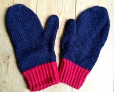 NEW Hand Knitted Handmade Warm Blue Guernsey Wool Mittens Gloves, Red Cuff, M/L