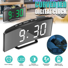 LED Curved Digital Alarm Clock USB Temperature Mirror Display Snooze Bedside