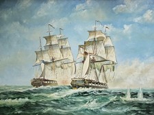 Naval Engagement at Sea Two Warships in Combat - Oil Painting on board, RC James