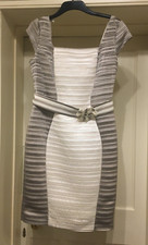 LUIS CIVIT:(SPAIN)AMAZING CREAM/TAUPE CAP SLEEVE SHIFT DRESS UK 12-WEDDING/RACES