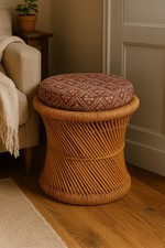 Vintage Bamboo & Woven Drum Stool / Table Boho Natural Swirl