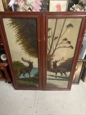 Antique Matching Pair Of Hand Painted Glass Pictures Stags Forest Summer Autumn