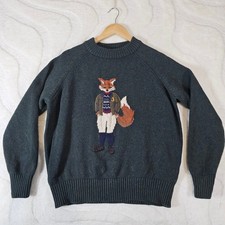Joules Jonty Fox Jumper Women UK 16 Green Thick Chunky Knit Intarsia Crew Neck