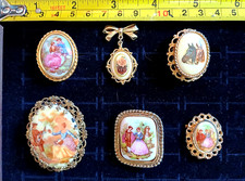 6 Vintage Painted Porcelain BROOCHES ~ 2 Branded: BARCS & LIMOGES