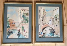 Venice Canal Watercolours X2 Framed Mid 20th Century Italian School Original Sig