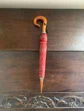 Antique Victorian Treen and Silk Parasol Umbrella Case with Knitting Tools