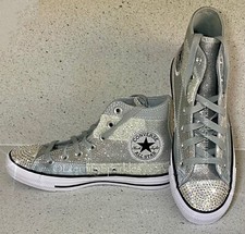 CUSTOMISED CONVERSE HI TOP SILVER GLITTER CRYSTAL SPARKLE TOE Wedding Party Prom