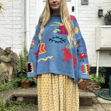 Vintage Annabel Fox Rowan Jumper Cotton Blue Colourful Handknit Handmade Animals