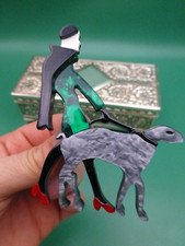 Vintage BROOCH Handmade Dog Walker Lady Irish Wolfhound acrylic bakelite