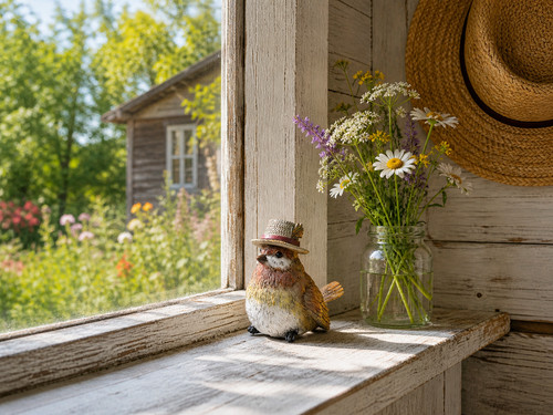 Robin with straw - with,
