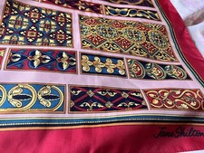 Jane Shilton Dark Red Pink Green & Gold Pattern Square Scarf 32"