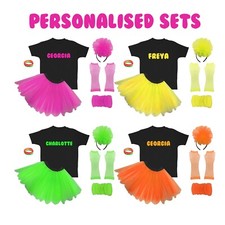 80s Fancy Dress Kids Neon Personalised Costume Set Party Fun Book Day Tutu UK