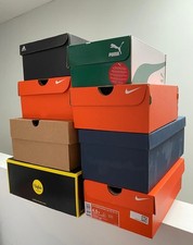 SHOE BOXES LOT, cardboard boxes with lids; Nike, Puma, Adidas, Buffalo, various