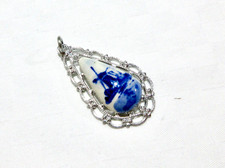 Pendant, bright silver tone metal  teardrop, Dutch Delft blue ceramic centre