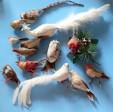 Job Lot vintage feathered Christmas Tree Birds, Robins, Owls, Pheasant and more
