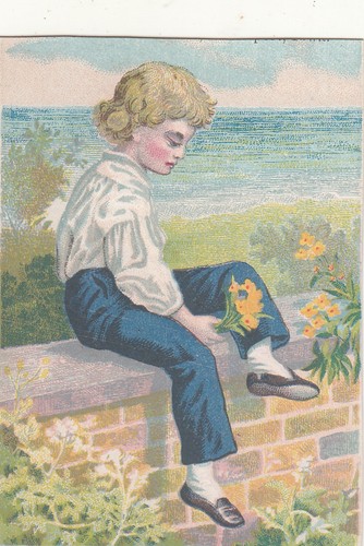 Boy blue pants sitting - in, on
