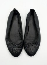 Chanel Black Lambskin Leather Ballet Flats Ribbon & CC Logo Detail Sz EU 36C