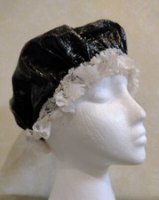 SISSY MAIDS HAT. BLACK SATIN POLYESTER WHITE FRILLY ELASTICATED EDGING. SISSY. 
