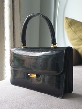Vintage Black Lizard Skin Handbag + Zip Compartment Purse and Mirror. Excellent 