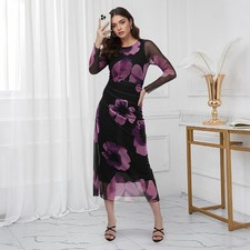 Women Floral Mesh Sheer Midi