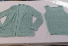 DEBENHAMS VINTAGE DUCK EGG POINTELLE TWIN SET CARDIGAN  SLEEVELESS JUMPER  UK 12