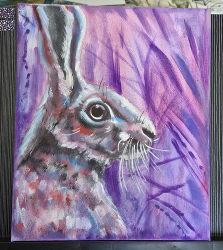 Purple hare signed oil - hare",