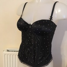 CERISO M&S MARKS & SPENCER 32 D BLACK & DIAMONTE BASQUE BRA CORSET TOP BUSTIER