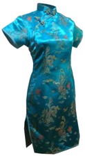 UK Stock Turquoise Dragon & Phoenix Chinese Short Evening Party Dress Cheongsam 