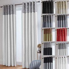 Crushed Velvet Band Faux Silk Eyelet Curtains (Silver/White, 46" Wide X 54" Drop