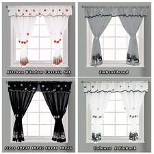 Kitchen Curtain Embroidered Curtain set Rod Pocket Attached Valance Tiebacks