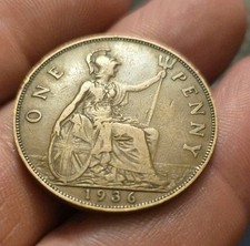 Extremely Rare 1936 One Penny King George V British Coin COLLECTABLE