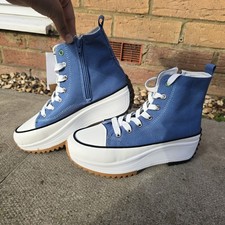 Women Blue High Top Canvas Trainers UK Size 7 Chunky Shoes Heavenly Feet White