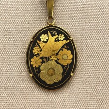 VINTAGE Toledo Damascene Pendant Necklace Floral Bird Christmas Flower Oval