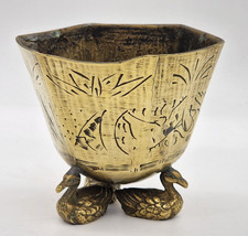 Vintage Small Pot Planter Brass Engraved  - Footed with 3 Swans
