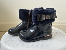 Ted  Baker Infant Girls Navy Patent Faux Fur Boots Size 6