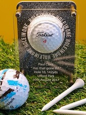 unique, modern design HOLE IN ONE personalised acrylic golf ball display