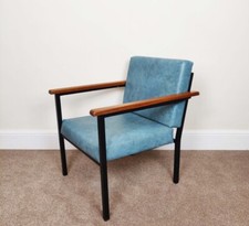 1/2 Mid century Industrial Metal & Blue Armchair, Bauhaus Tubular Lounge Chair