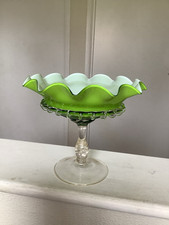 Lime Green Glass Bon Bon  Dish. Overlayed With White On Clear Glass Knoped Stem 