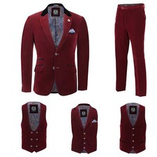 Mens Maroon Velvet Vintage 3 Piece Suit Blazer Waistcoat Trouser Sold Separately