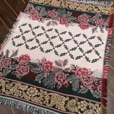 Red green Christmas Holly Poinsettia Festive Cotton blanket Throw