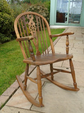 Vintage Oak Elm Seat Windsor Wheel Back Rocking Chair Country Farmhouse Style