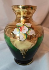 Vintage Venetian Murano Green Glass Vase andEnamel Decoration 22ct Gold Gilding