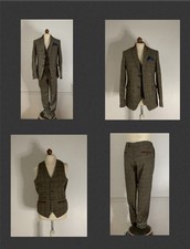 Marc Darcy DX7 Tan Herringbone Vintage Mens Three Piece Suit Size 42R Waist 36”