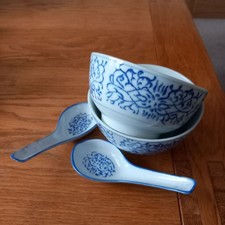 Pair Of Vintage Chinese Porcelain White & Blue Floral Soup Rice Bowls & Spoons