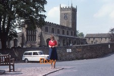 35mm Slide - Woman & Mini Clubman Outside Church, Askrigg, Yorkshire Dales, 1980